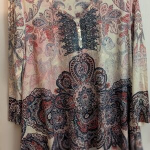 ONE WORLD Pink and Green Graphic Blouse with Mandarin Collar